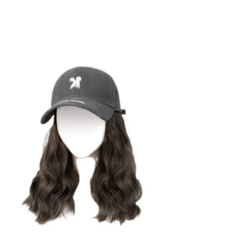 Adjustable Women's Long Curly Letter Wig Baseball Cap Style Natural Looking Fashionable All-Match Large Head Size Duckbill Hat