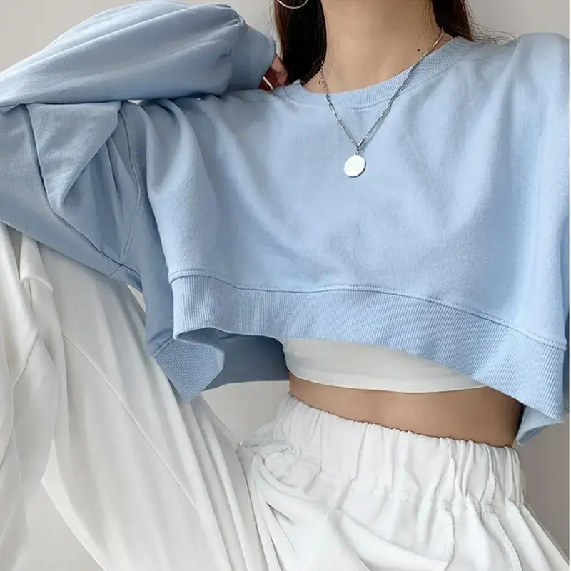 2023 Autumn New Style Women's Sweatshirt Cropped Solid Color Loose Fit Round Neck Long Sleeve Top Trendy Clothing