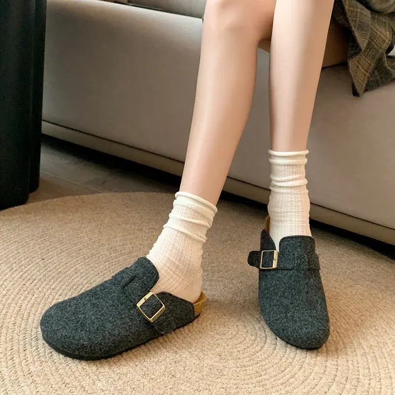 2025 Spring And Autumn New Women's Korean Style Half Drag Shoes With Thick Sole And Medium Heel Casual Outerwear Mule Shoes