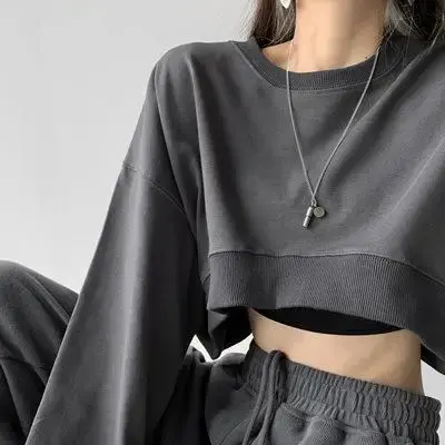 2023 Autumn New Style Women's Sweatshirt Cropped Solid Color Loose Fit Round Neck Long Sleeve Top Trendy Clothing