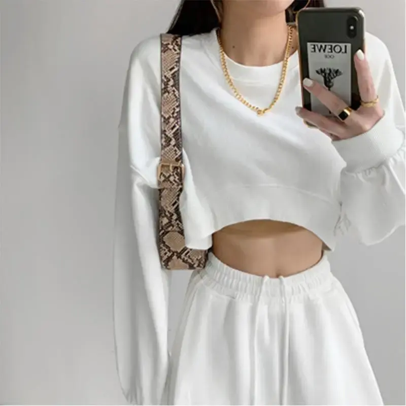 2023 Autumn New Style Women's Sweatshirt Cropped Solid Color Loose Fit Round Neck Long Sleeve Top Trendy Clothing