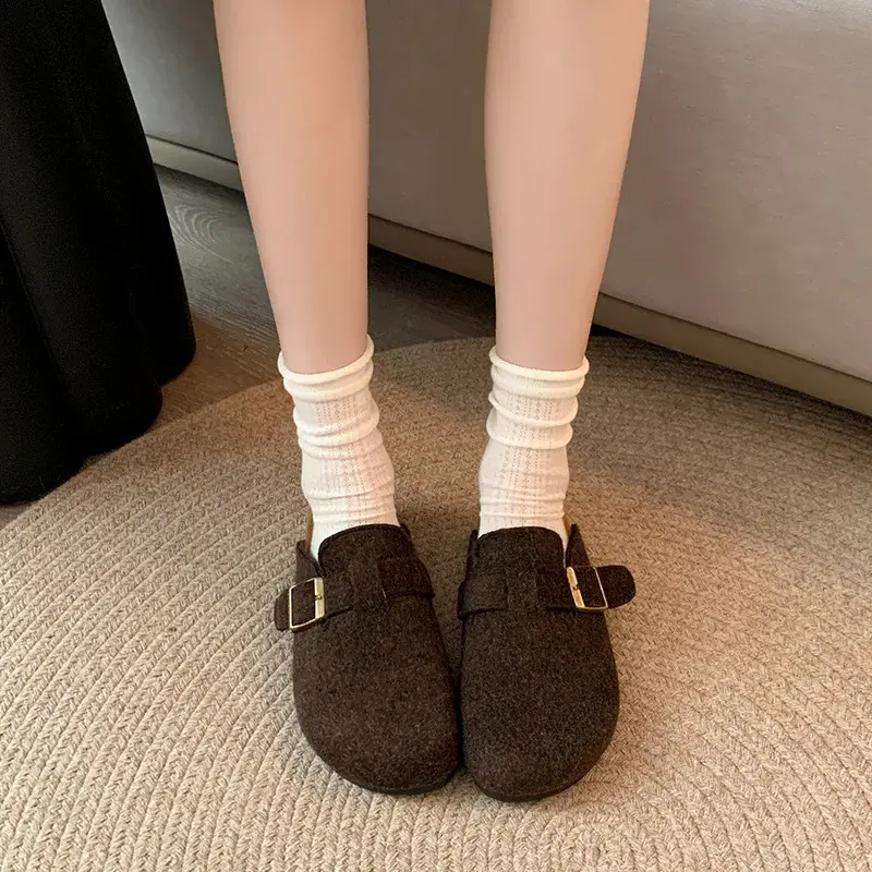 2025 Spring And Autumn New Women's Korean Style Half Drag Shoes With Thick Sole And Medium Heel Casual Outerwear Mule Shoes