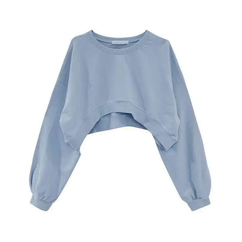 2023 Autumn New Style Women's Sweatshirt Cropped Solid Color Loose Fit Round Neck Long Sleeve Top Trendy Clothing