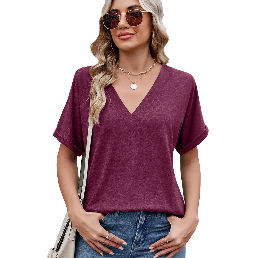 Amazon Europe and America Cross-Border Trade 2025 Spring Summer New Women's Solid Color Large V-Neck Loose-Fit Short Sleeves T-S