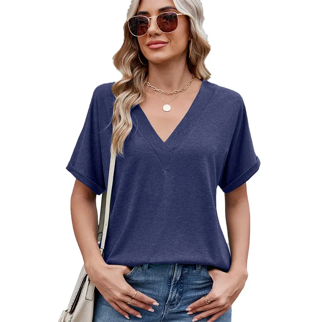 Amazon Europe and America Cross-Border Trade 2025 Spring Summer New Women's Solid Color Large V-Neck Loose-Fit Short Sleeves T-S