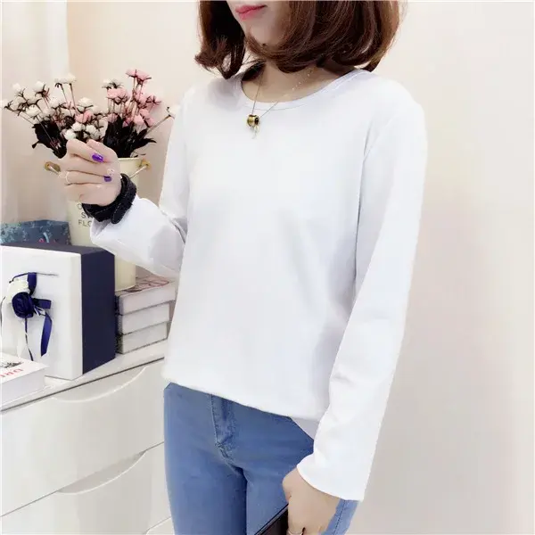 New Solid Color Korean Style Women's Long Sleeve T-Shirt Loose Fit Base Layer Top Trendy Crew Neck Decoration Full Sleeve