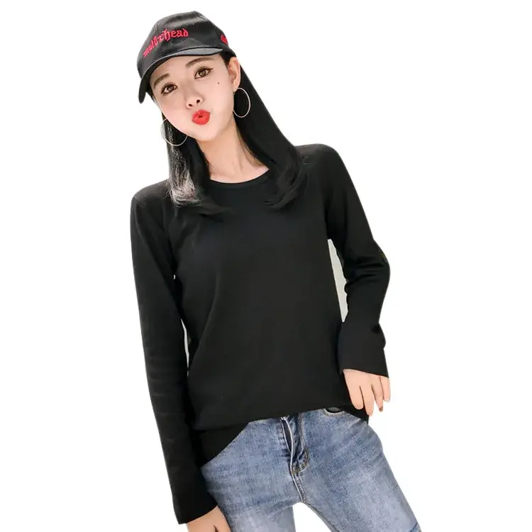New Solid Color Korean Style Women's Long Sleeve T-Shirt Loose Fit Base Layer Top Trendy Crew Neck Decoration Full Sleeve
