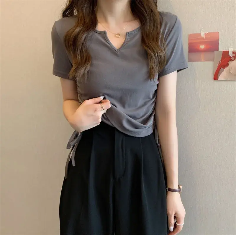 Summer Hot Sale Of The Season Women's V-Neck Short Sleeve T-Shirt Drawstring Slimming Design Trendy Short Length Top Shoulder Wi