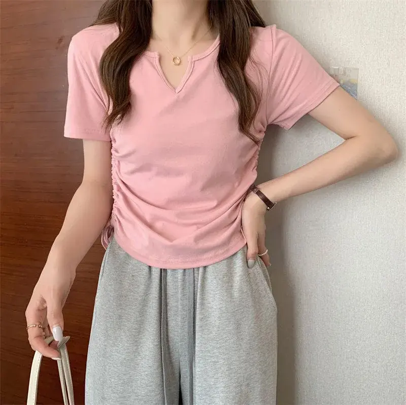 Summer Hot Sale Of The Season Women's V-Neck Short Sleeve T-Shirt Drawstring Slimming Design Trendy Short Length Top Shoulder Wi