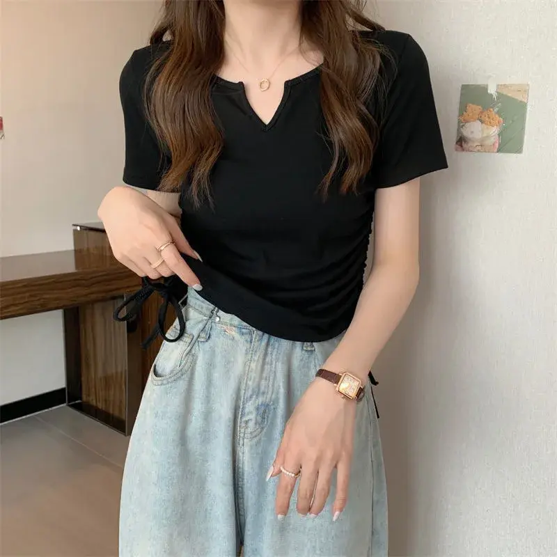 Summer Hot Sale Of The Season Women's V-Neck Short Sleeve T-Shirt Drawstring Slimming Design Trendy Short Length Top Shoulder Wi