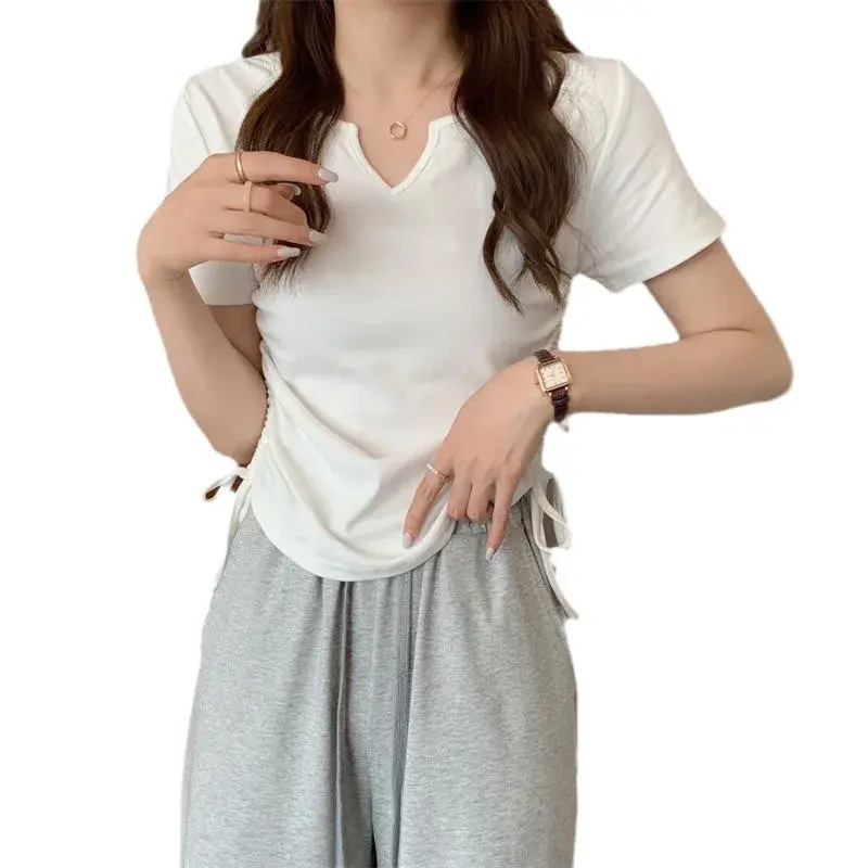Summer Hot Sale Of The Season Women's V-Neck Short Sleeve T-Shirt Drawstring Slimming Design Trendy Short Length Top Shoulder Wi