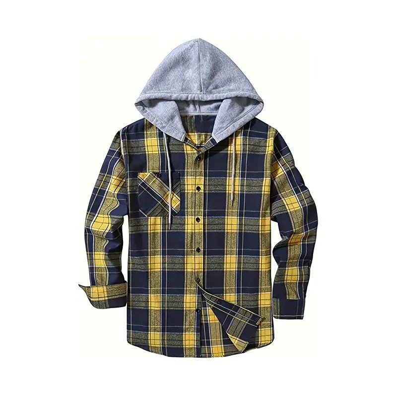 2023 New Spring And Autumn Hooded Plaid Shirt Loose Fit Casual Long Sleeve Outerwear Shirt None Brand China Mainland Origin