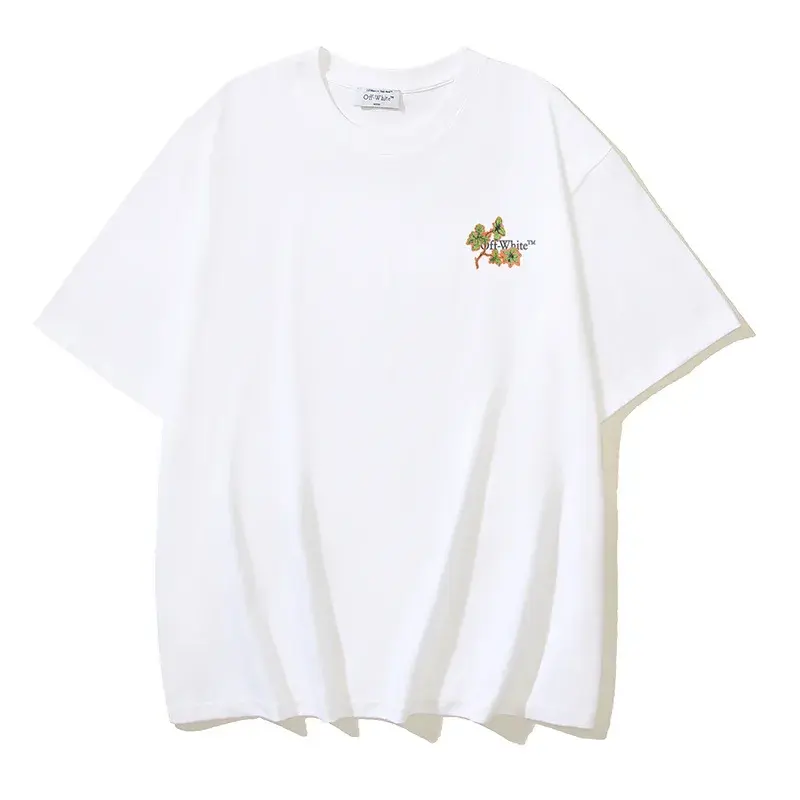 2024 Spring Summer New Style OW Green Leaf Arrow Pattern Round Neck Pullover Short Sleeves Men Women's Same Model Wholesale