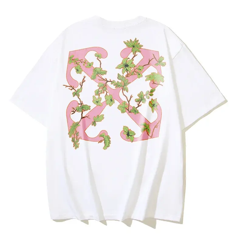 2024 Spring Summer New Style OW Green Leaf Arrow Pattern Round Neck Pullover Short Sleeves Men Women's Same Model Wholesale