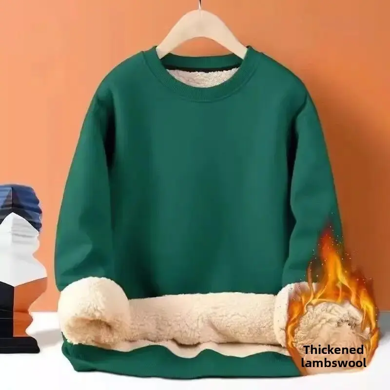 Men's Autumn Winter Thickened Fleece-Lined Round Neck Sweatshirt Casual Jacket Simple Solid Color Warm Protection Against Cold