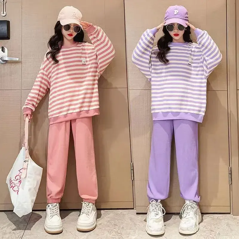 Stylish Striped Sweatshirt And Pants Children's Sportsuit For Spring And Autumn Korean Version 2-Piece Set For Girls
