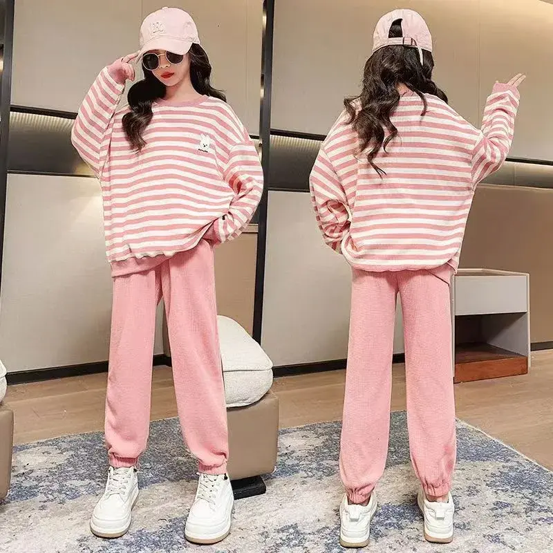 Stylish Striped Sweatshirt And Pants Children's Sportsuit For Spring And Autumn Korean Version 2-Piece Set For Girls
