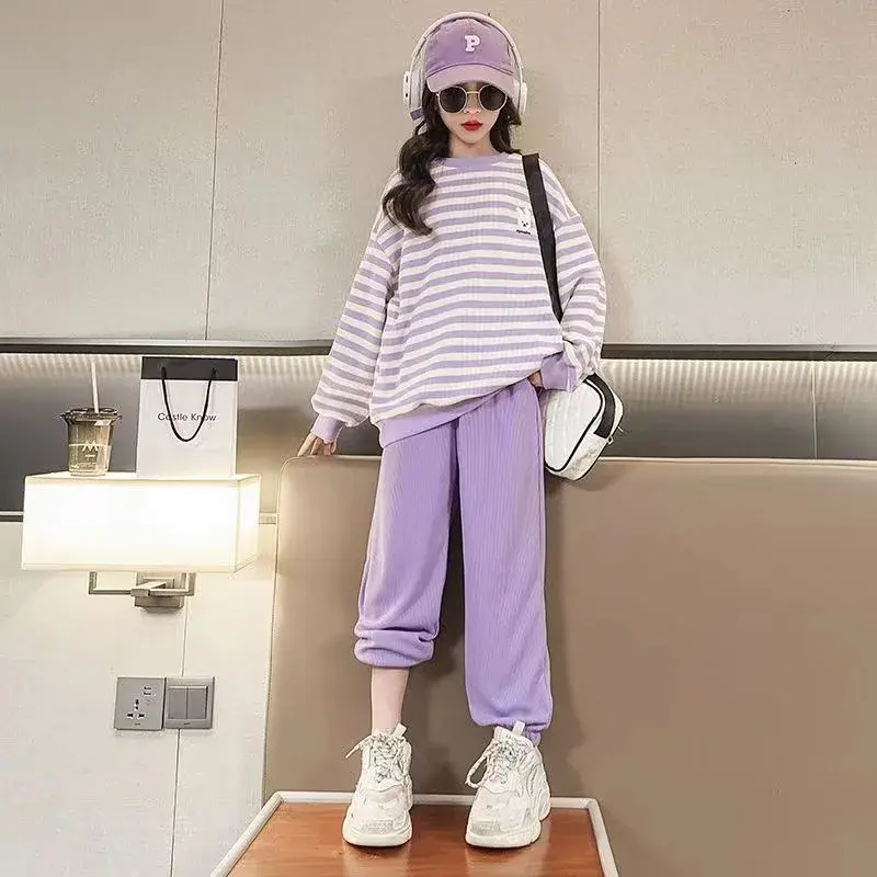 Stylish Striped Sweatshirt And Pants Children's Sportsuit For Spring And Autumn Korean Version 2-Piece Set For Girls