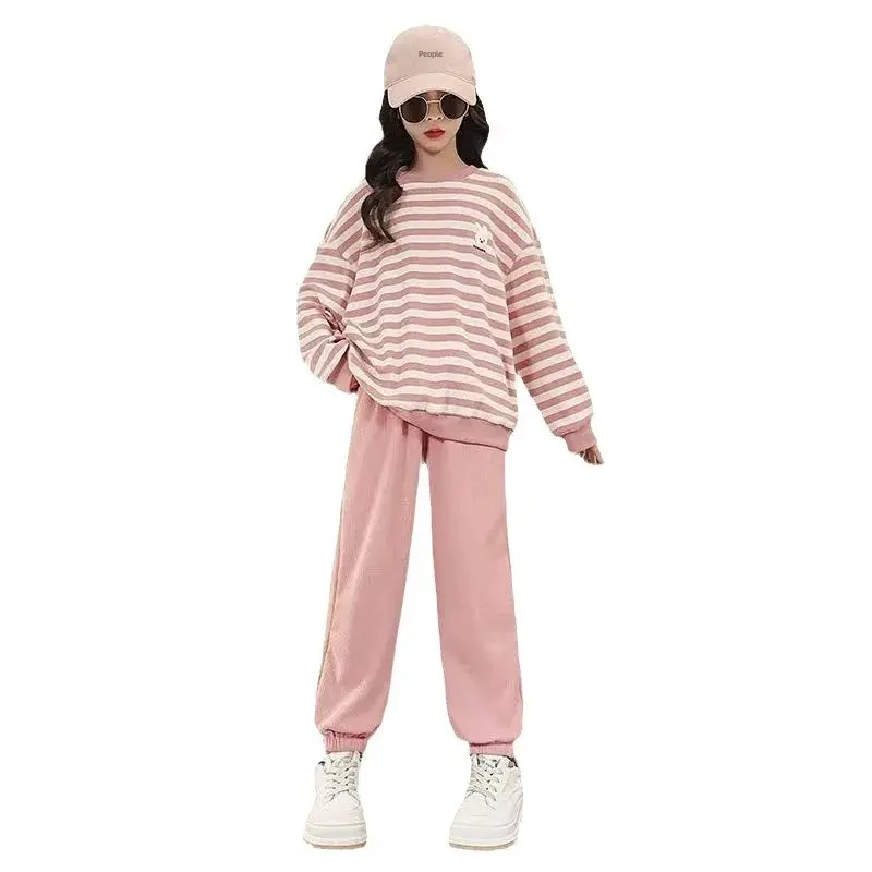 Stylish Striped Sweatshirt And Pants Children's Sportsuit For Spring And Autumn Korean Version 2-Piece Set For Girls