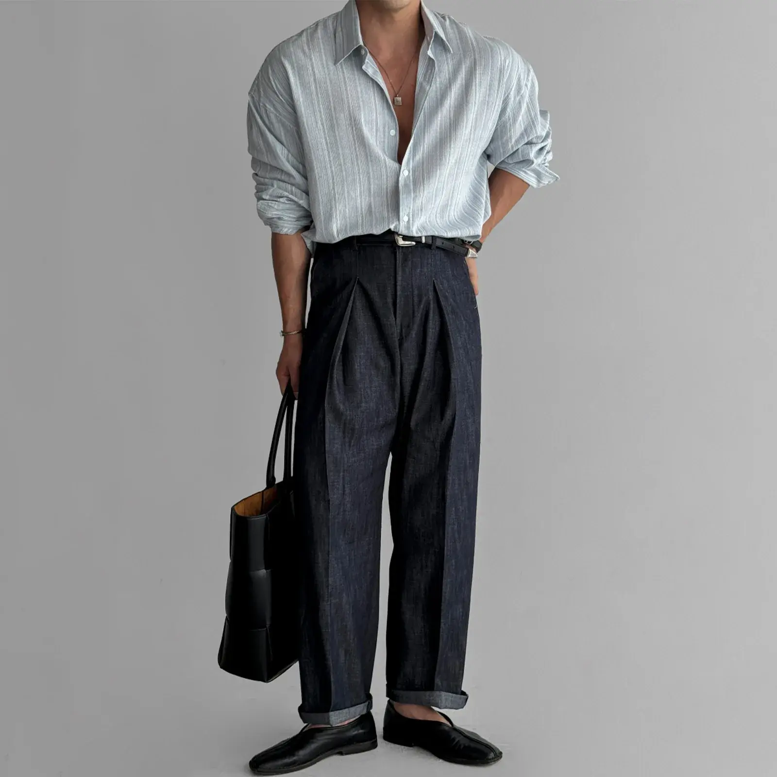 Men's Long Sleeve Casual Linen Striped Shirt Korean Style Lightweight Spring Summer Seasons Blue Color Thin Fabric No Ironing
