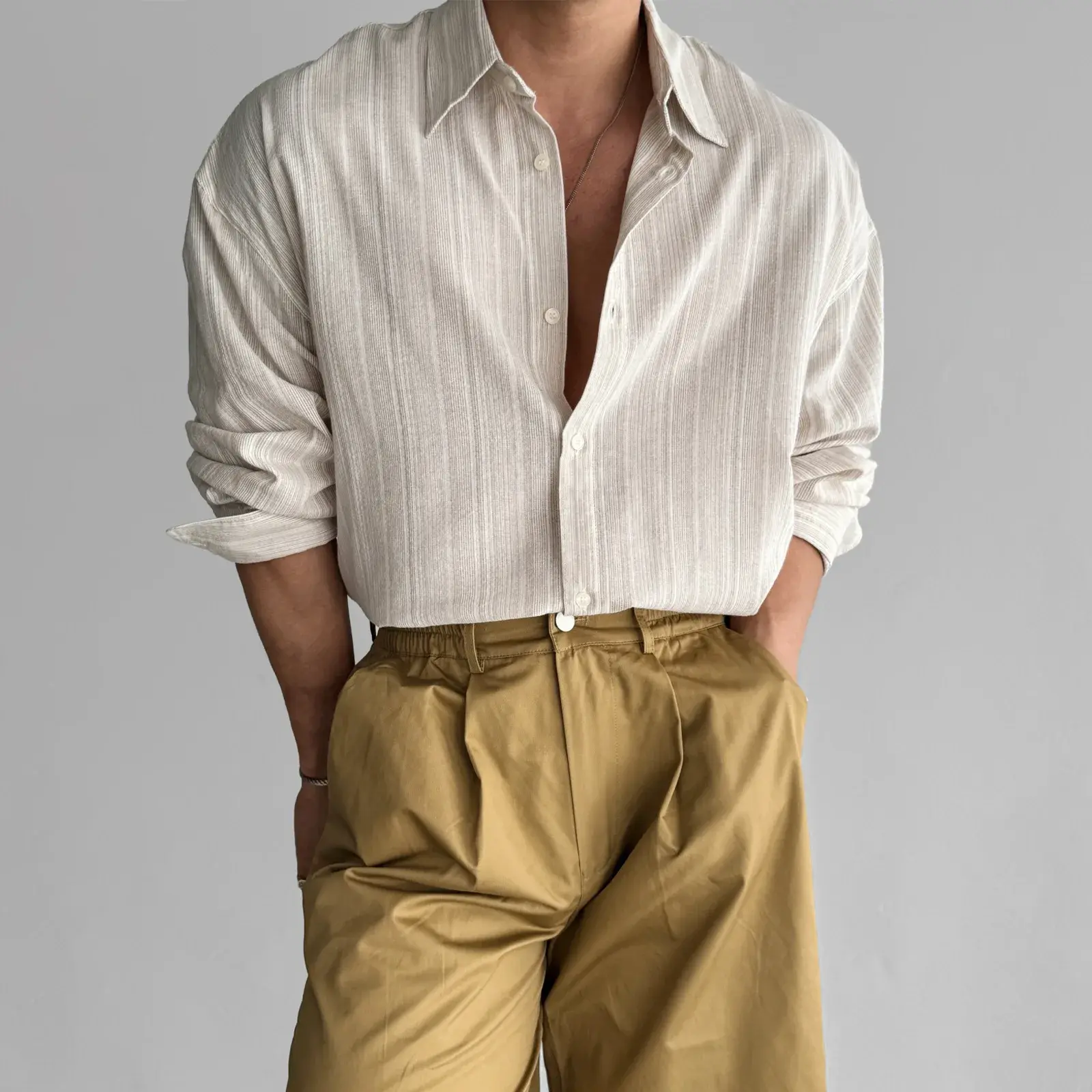 Men's Long Sleeve Casual Linen Striped Shirt Korean Style Lightweight Spring Summer Seasons Blue Color Thin Fabric No Ironing