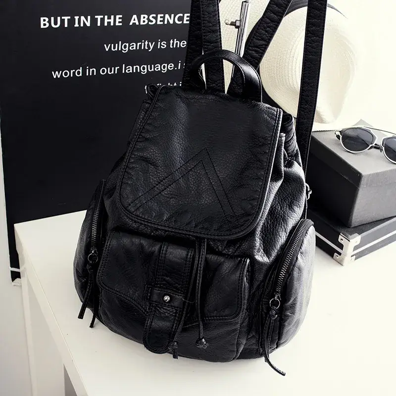 New Style Women's Korean Version CasualPreppy Dual-Shoulder Bag Black Waterproof Leather Strap Backpack Motorcycle Equipment Acc