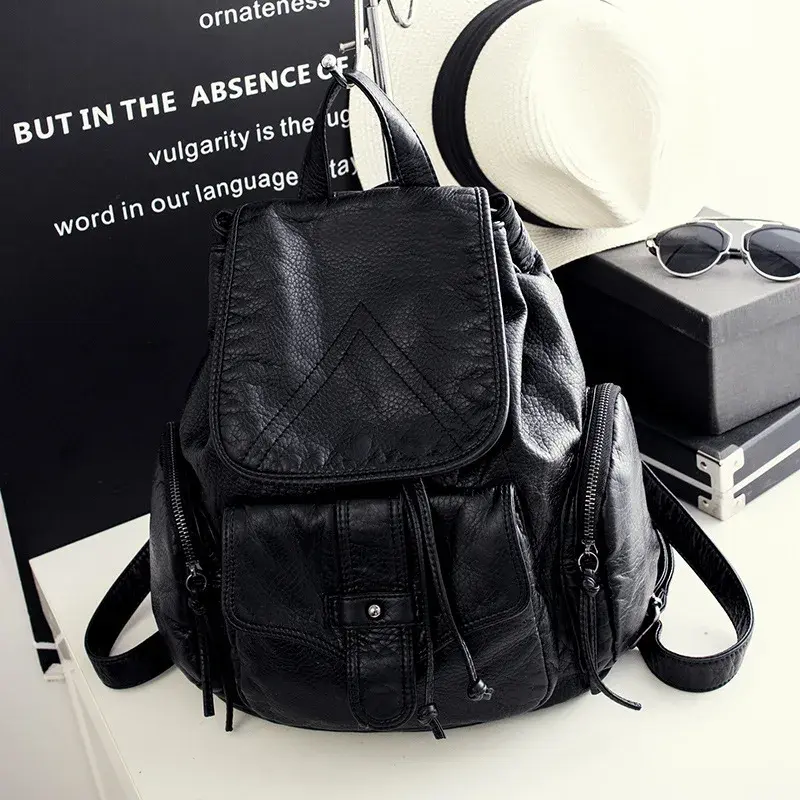 New Style Women's Korean Version CasualPreppy Dual-Shoulder Bag Black Waterproof Leather Strap Backpack Motorcycle Equipment Acc
