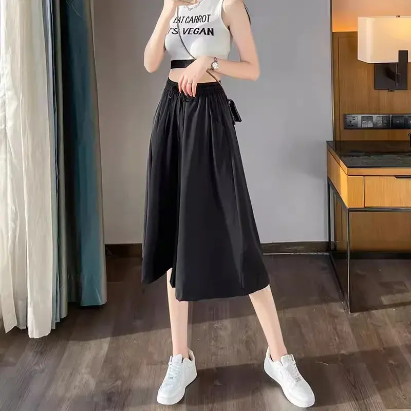 Ice Silk Wide Leg Pants Women's Summer Thin New Small Size Large plus Size Casual A- Line Skirt Pants Comfortable Loose Fit