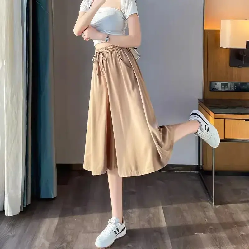 Ice Silk Wide Leg Pants Women's Summer Thin New Small Size Large plus Size Casual A- Line Skirt Pants Comfortable Loose Fit