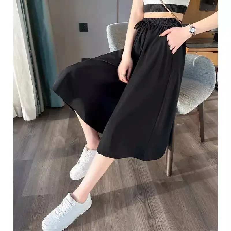 Ice Silk Wide Leg Pants Women's Summer Thin New Small Size Large plus Size Casual A- Line Skirt Pants Comfortable Loose Fit