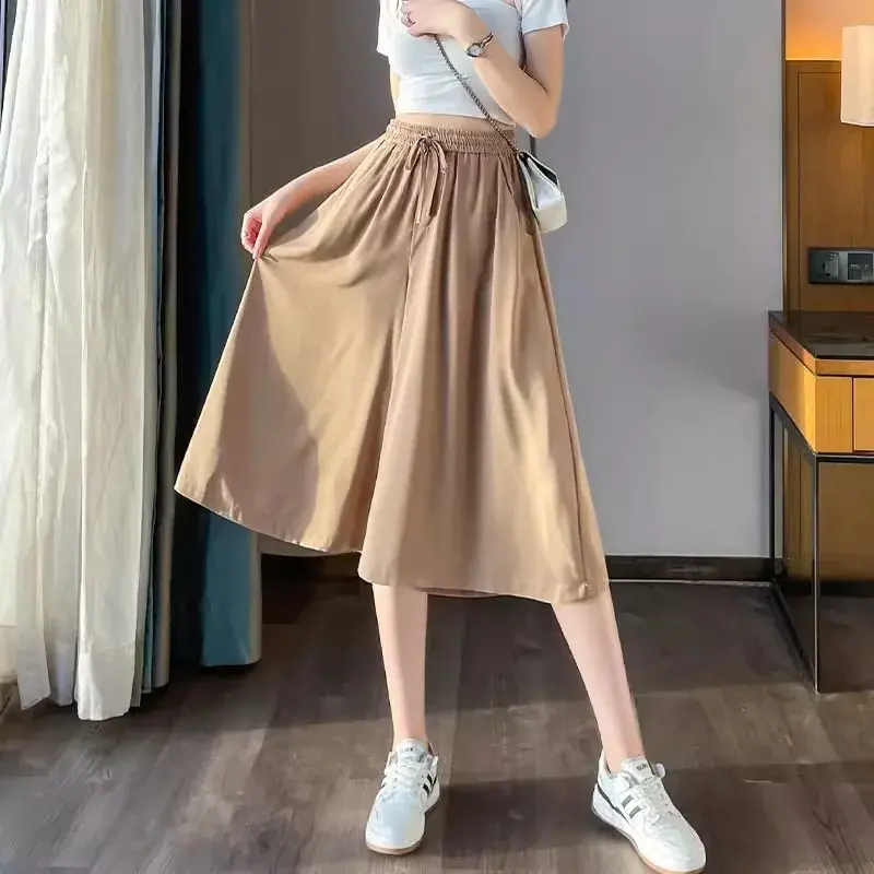 Ice Silk Wide Leg Pants Women's Summer Thin New Small Size Large plus Size Casual A- Line Skirt Pants Comfortable Loose Fit