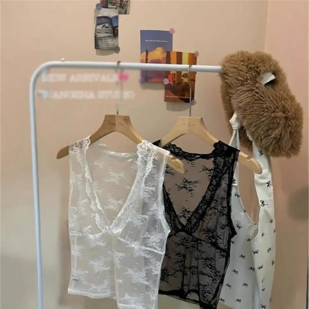 French Sexy Embroidered Lace Tank Top Women Summer Design Layering Slim Sleeveless See-through Blouse Polyester Blend Fabric