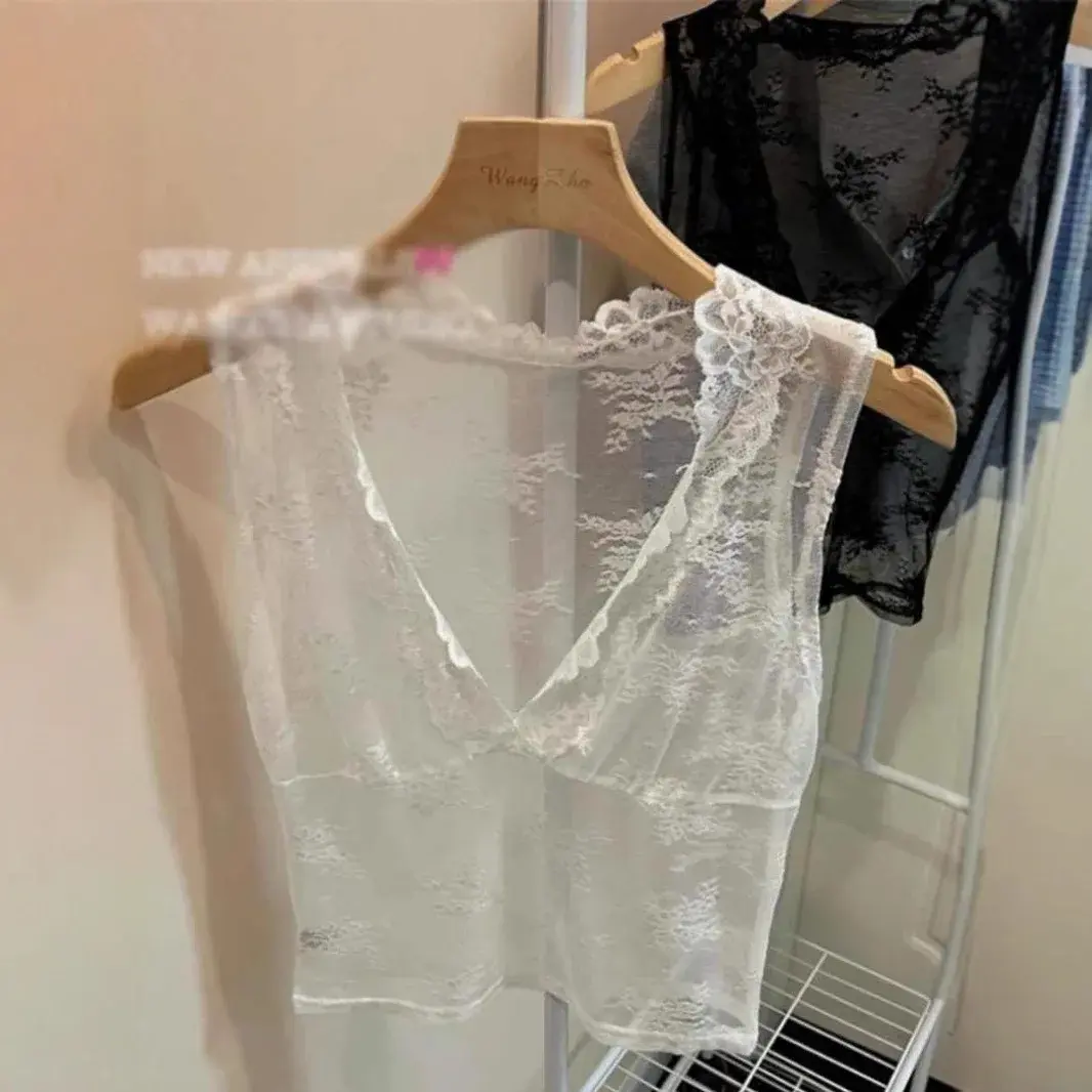 French Sexy Embroidered Lace Tank Top Women Summer Design Layering Slim Sleeveless See-through Blouse Polyester Blend Fabric