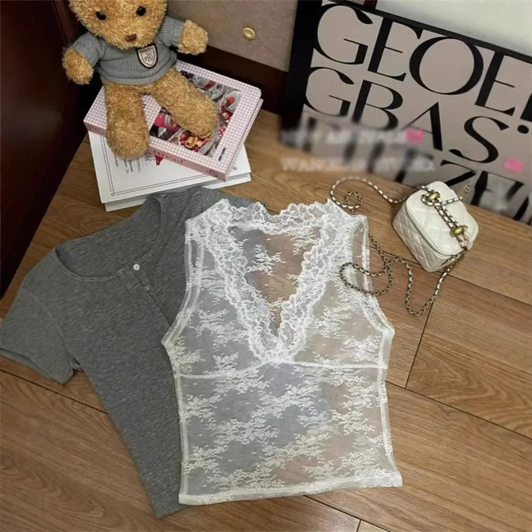 French Sexy Embroidered Lace Tank Top Women Summer Design Layering Slim Sleeveless See-through Blouse Polyester Blend Fabric