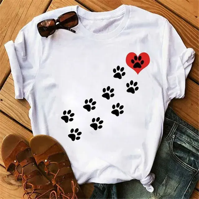 2025 Summer Women's Clothing Short Sleeves New Cartoon Hand Draw Dog Paw Printing Base Layer Top Non-Embroidered Outdoor Decorat