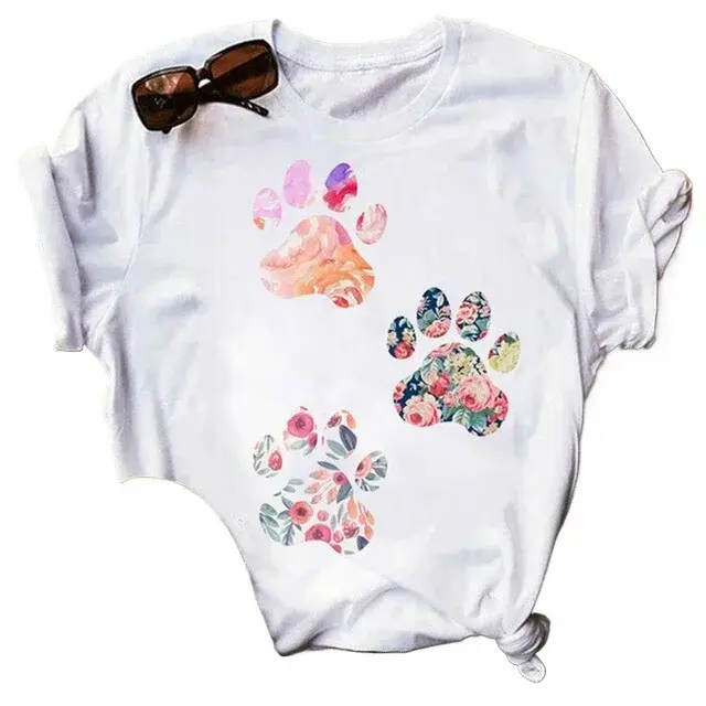 2025 Summer Women's Clothing Short Sleeves New Cartoon Hand Draw Dog Paw Printing Base Layer Top Non-Embroidered Outdoor Decorat