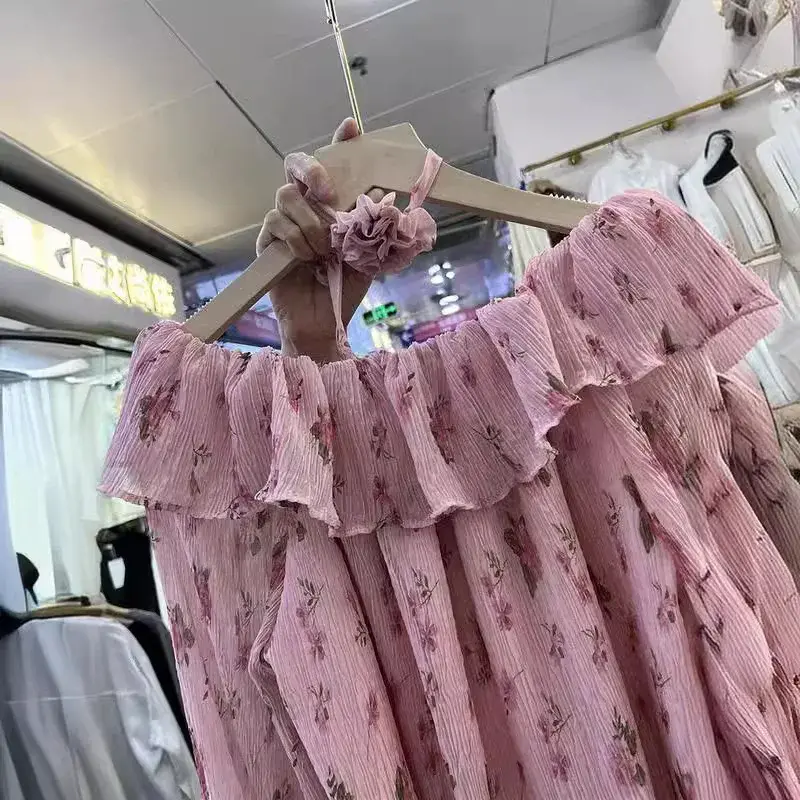 French Pink Off-Shoulder Floral Shirt Women's Summer Loose-Fit Versatile Stylish Age-Reducing Long Sleeve Polyester Top