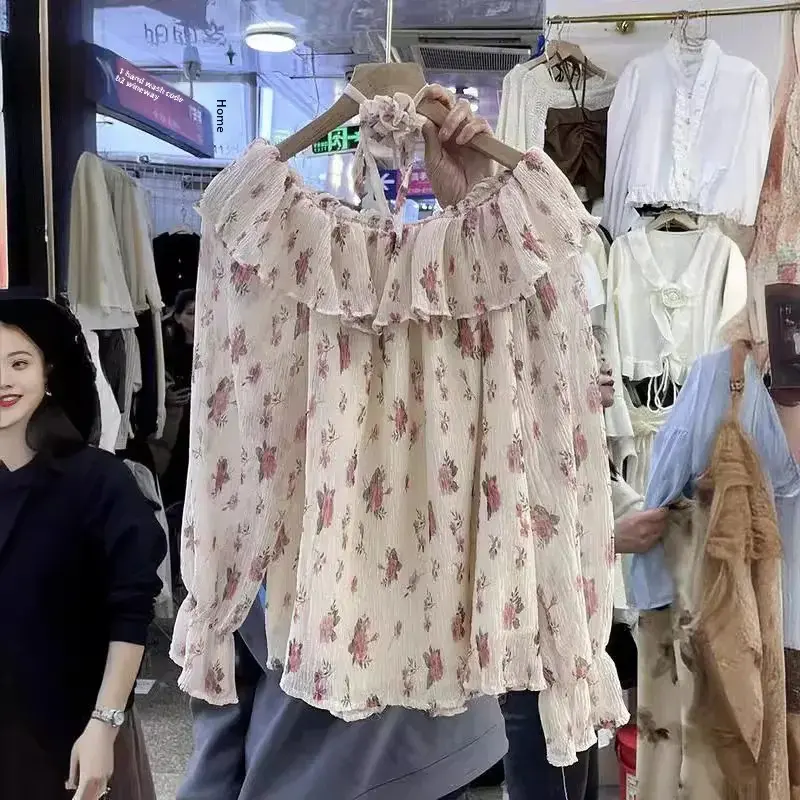 French Pink Off-Shoulder Floral Shirt Women's Summer Loose-Fit Versatile Stylish Age-Reducing Long Sleeve Polyester Top