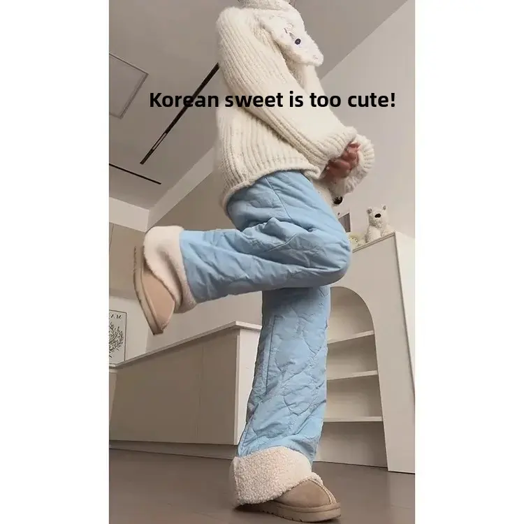 Blue Lamb Velvet High Waist Warm Casual Pants Women's Autumn Winter Cotton Trousers Comfortable Loose Fit Straight Leg Pants