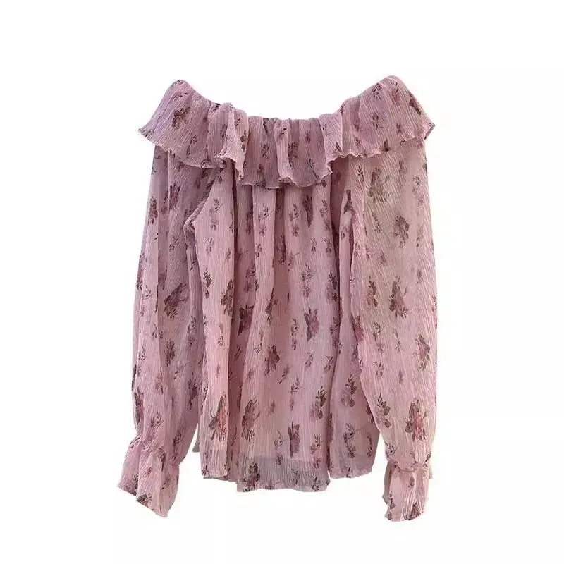 French Pink Off-Shoulder Floral Shirt Women's Summer Loose-Fit Versatile Stylish Age-Reducing Long Sleeve Polyester Top