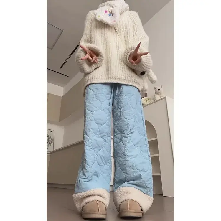 Blue Lamb Velvet High Waist Warm Casual Pants Women's Autumn Winter Cotton Trousers Comfortable Loose Fit Straight Leg Pants