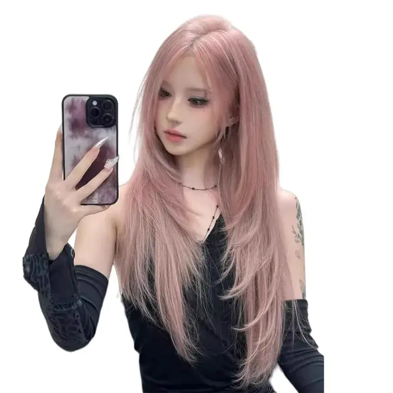 Pink Long Straight Hair Wig Women's Y2K Spicy Girl Full Head Cover Lolita Cos Middle Part High Layer Trendy Fiber Mechanism Hair