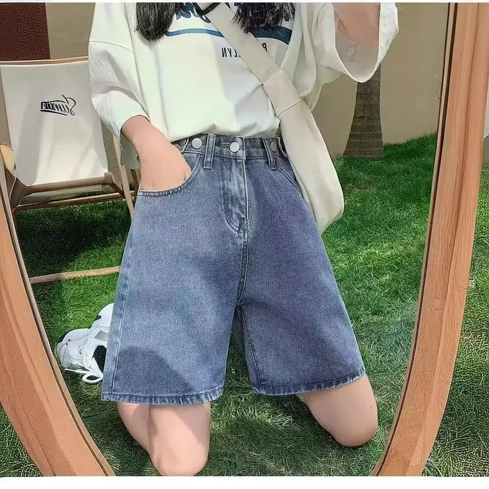 2024 Summer New Style Women's High-Waisted Slimming A- Line Wide-Leg Cotton Denim Shorts Korean Version Loose Fit Heat Pants