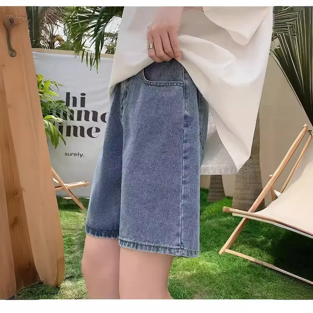 2024 Summer New Style Women's High-Waisted Slimming A- Line Wide-Leg Cotton Denim Shorts Korean Version Loose Fit Heat Pants