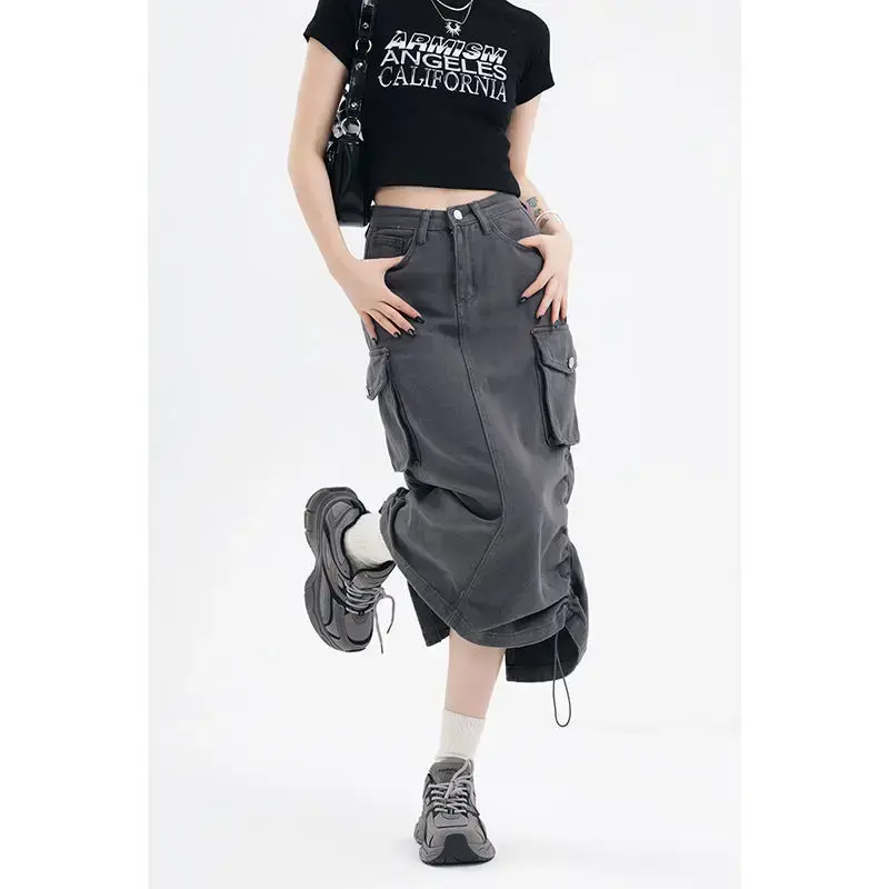 High-Waisted Denim Workwear Dress 2025 Grey Side Slit Long Dress Niche Meat Covering Slimming Women's Clothing