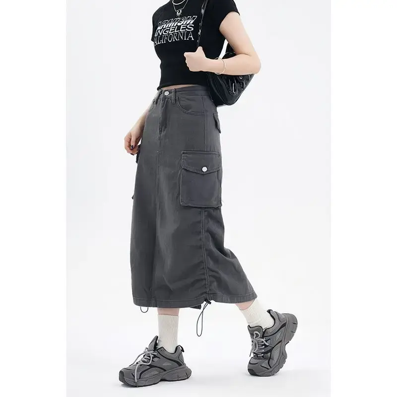 High-Waisted Denim Workwear Dress 2025 Grey Side Slit Long Dress Niche Meat Covering Slimming Women's Clothing