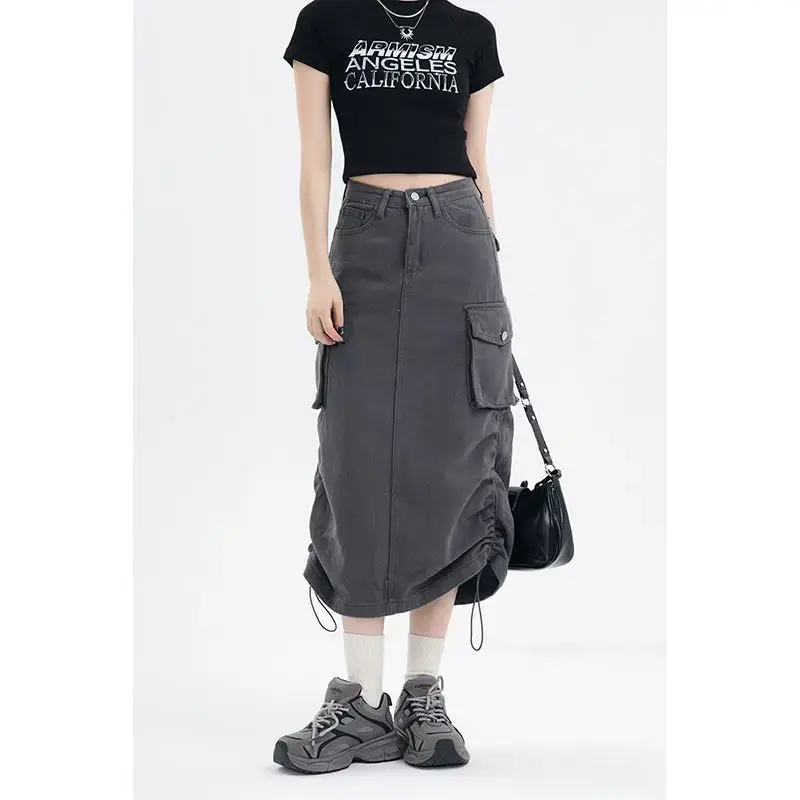 High-Waisted Denim Workwear Dress 2025 Grey Side Slit Long Dress Niche Meat Covering Slimming Women's Clothing