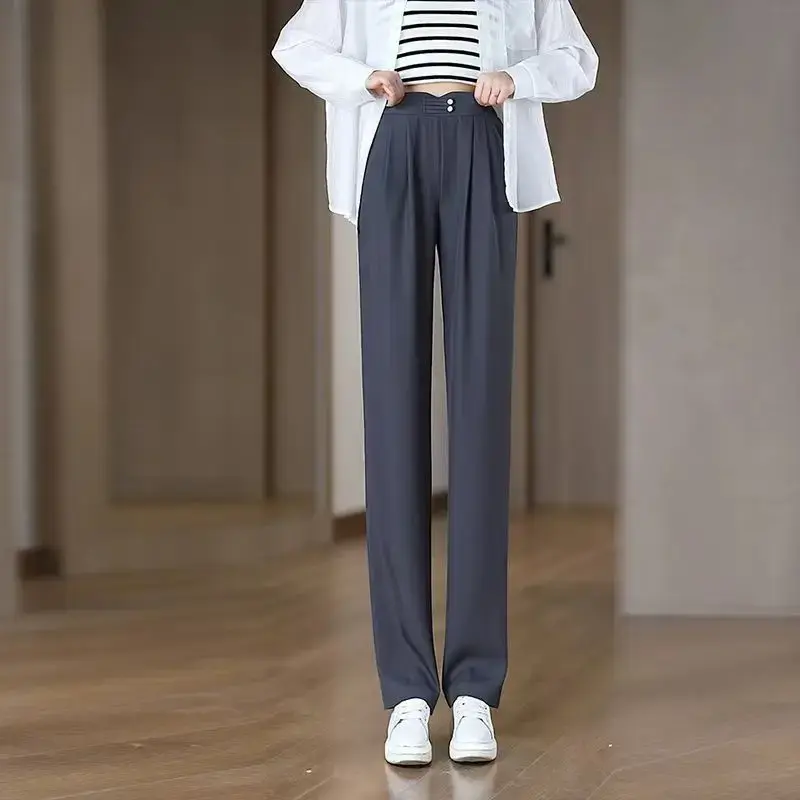 Summer New Ice Silk Cool Casual Pants Women High Waist Slimming Tall Draping Narrow Version Straight Leg Trousers