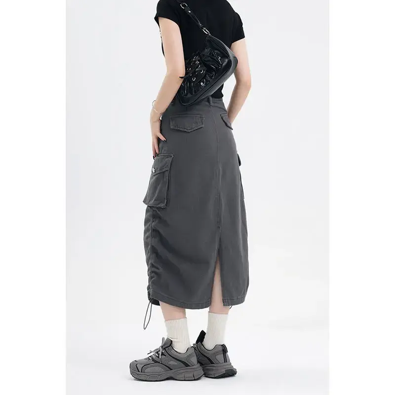 High-Waisted Denim Workwear Dress 2025 Grey Side Slit Long Dress Niche Meat Covering Slimming Women's Clothing