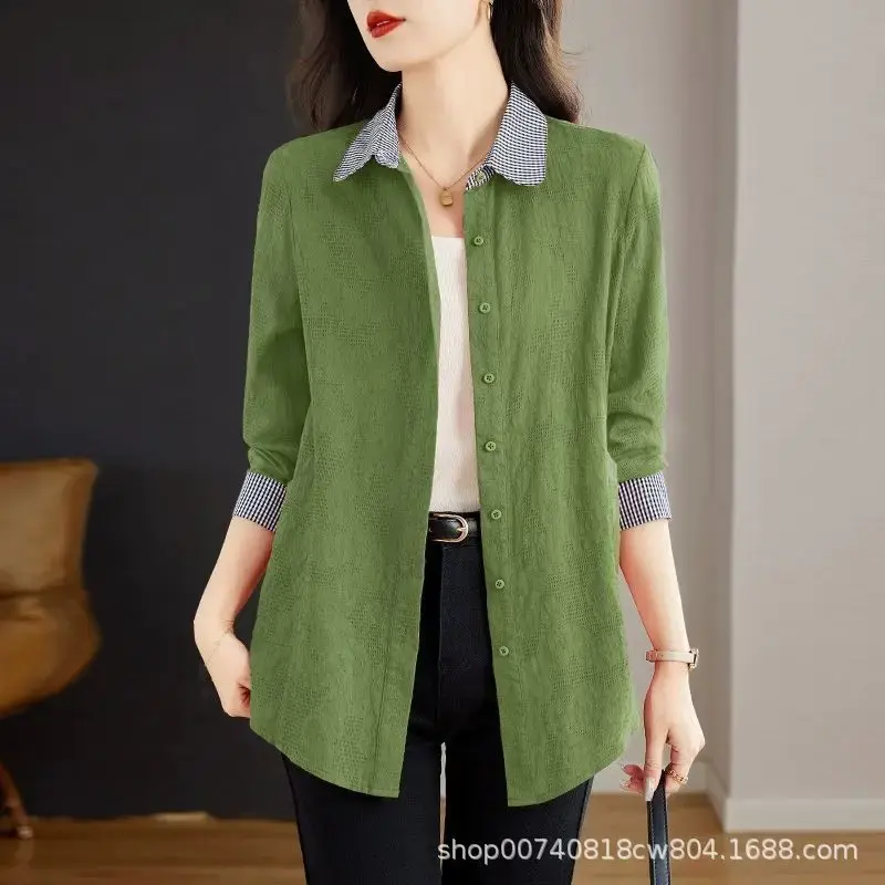 Pure Cotton Long Sleeve Shirt Women's Collarless Button Decor Large Size Spring Autumn New Style Ladies Fashion Outerwear